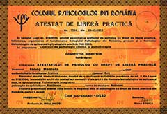 Atestat de liberă practică Psiholog Daniela Ianoș - Colegiul Psihologilor România